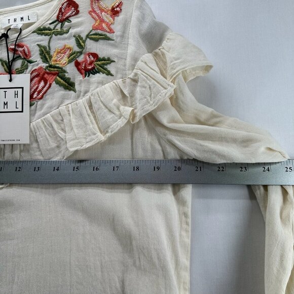 THML Blouse M Embroidered Ruffle Top Peasant Flounce Sleeve Cotton Cream - Picture 9 of 11
